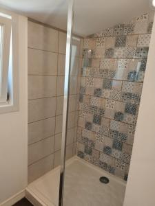 a shower with a glass door in a bathroom at Petite Maison a deux pas du centre in Le Faou +14 photos