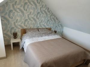 a bedroom with a bed and a wall at Petite Maison a deux pas du centre in Le Faou