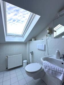 a bathroom with a skylight and a toilet and a sink at Zum Lahnfelsen Gräveneck in Gräveneck +25 photos