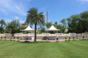 a park with white umbrellas and a palm tree at Amar Resorrt in Motīhāri