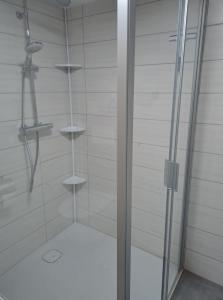 a shower with glass doors and shelves in a bathroom at An-der-Stadtmauer in Fladungen
