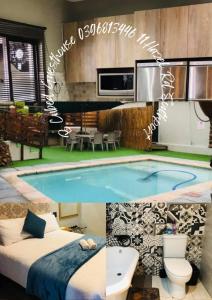 a hotel room with a bed and a swimming pool at B Cubed Lodge in Port Shepstone