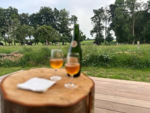 a bottle of wine and a glass on a table at Le Vert d'Orezza in Valliquerville