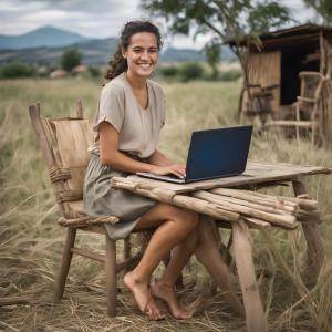 a woman sitting on a bench with a laptop at casa lontana only genius in Borgofranco dʼIvrea