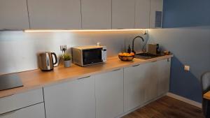 a kitchen counter with a microwave and a bowl of fruit at Antresola - Apartamenty Parkowe in Gniezno