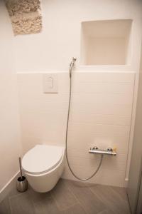 a bathroom with a toilet and a shower at Trullo Fico d'India in Alberobello +1 photo