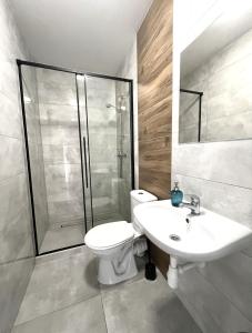 a bathroom with a shower and a toilet and a sink at Domki Selma in Władysławowo +26 photos