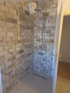 a bathroom with a brick wall and a shower at Appartment Štajon in Izola