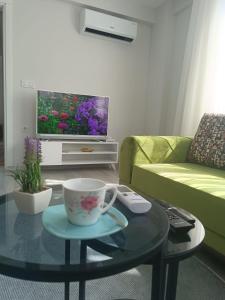 a living room with a coffee table and a tv at YoYo Apart in Dalaman