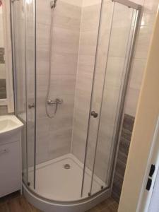 a shower with a glass door in a bathroom at Mieszkanie BLOK in Złotów