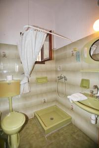 a bathroom with a green toilet and a sink at Kastri in Panormos Skopelos +24 photos