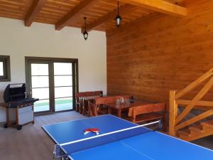 a ping pong table in a room with wooden walls at Chalupa Šalalandia in Zázrivá