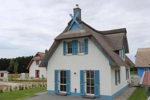 a cottage with a thatched roof and blue shutters at FH Seeschwalbe in Niendorf