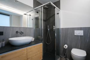 a bathroom with a sink and a toilet and a shower at Casa Bepa in Bormio +17 photos