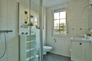 a bathroom with a toilet and a shower and a sink at Friederike 2 in Nienhagen