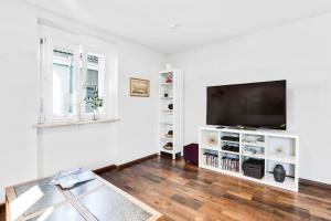 a white living room with a flat screen tv at Ferienwohnung Südschwarzwald in Wehr