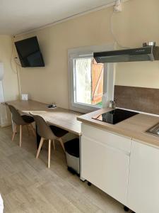 a kitchen with a sink and a table with chairs at Studio cosy 71 in Saint-Vallier
