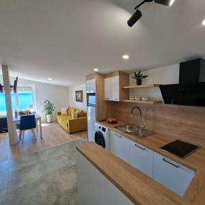a kitchen and living room with a sink and a counter at Apartments Emilija in Brela