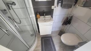 a bathroom with a shower and a toilet and a sink at Studio Apartment in Alsdorf