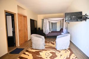 a living room with two chairs and a flat screen tv at la villa du parc in Niaga
