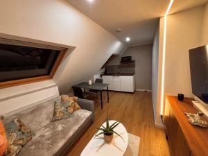 a living room with a couch and a tv at Stuttgart Nest in Stuttgart