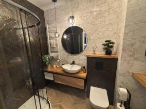 a bathroom with a sink and a mirror at Apartament SANOVA 55 in Sanok +23 photos