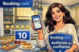 a woman holding up a cell phone in a kitchen with food at De la Danza in Seville