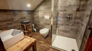 a bathroom with a shower and a toilet and a sink at Penzion Mlýn Sedlec in Sedlec +71 photos