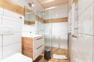 a bathroom with a sink and a shower at U Stosela- wiejski dom w górach in Biały Dunajec +33 photos