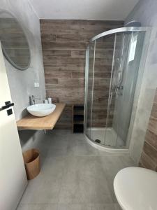 a bathroom with a glass shower and a sink at Pod Lovčí skálou in Modrava