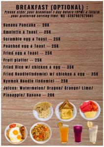 a menu of the breakfast portion of the restaurant at Lombokhouse Mandalika in Kuta Lombok