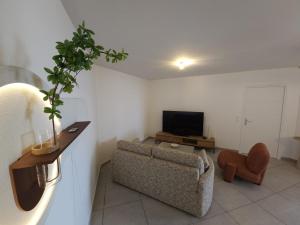 ein Wohnzimmer mit Sofa und Fernseher in der Unterkunft Hotel Pelican in Schœlcher