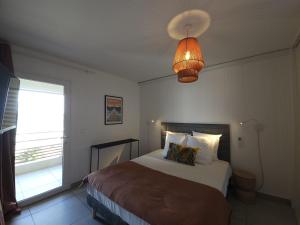 ein Schlafzimmer mit einem Bett, einer Lampe und einem Fenster in der Unterkunft Hotel Pelican in Schœlcher + 36 Fotos