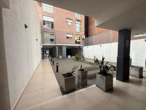 an empty hallway with potted plants in a building at Studio Roca in Rosario +2 photos