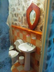 a bathroom with a sink and a toilet and a mirror at Cabañas Altos del Velazco in La Rioja