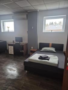 a bedroom with a bed and a desk with a computer at Apartmán Na Blatech in Česká Lípa
