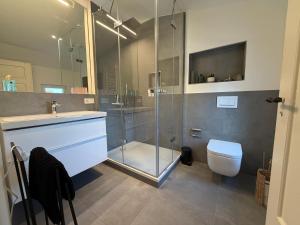 a bathroom with a shower and a toilet and a sink at Lieblingsplatz in Überlingen +36 photos