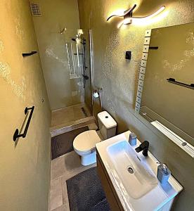 a bathroom with a sink and a toilet and a mirror at Room PARADINOVIĆ in Zambratija