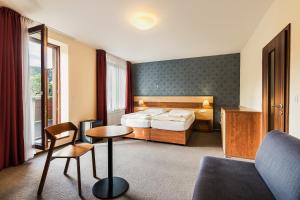 a bedroom with a bed and a table and a couch at Hotel Toč in Lipova Lazne
