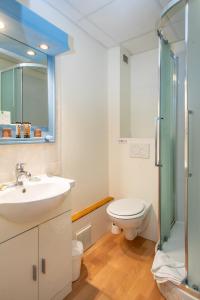 a bathroom with a sink and a toilet and a shower at Hôtel Restaurant Continental in Évian-les-Bains +89 photos