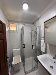a bathroom with a shower and a toilet and a sink at Mermaid in Marmaris +24 photos