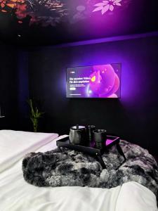 a bedroom with a bed with a tv on the wall at WW Luxury Cottage in Müschenbach +31 photos