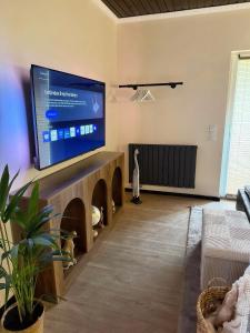a living room with a large flat screen tv at WW Luxury Cottage in Müschenbach