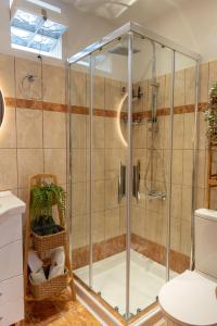 a shower with a glass enclosure in a bathroom at F Tsimas apartment 1 in Skala Potamias +10 photos