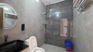 a bathroom with a toilet and a shower with a mirror at Hushvan Resorts in Devaprayāg