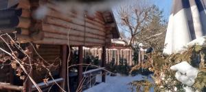 a log cabin with snow on the porch at Котедж ,,Чудовий"з банькою in Novaya Greblya