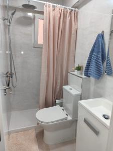 a bathroom with a white toilet and a shower at Apartamento Grao in Gandía