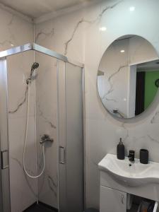 a bathroom with a shower and a sink and a mirror at Apartman Andjela 1 in Vrdnik