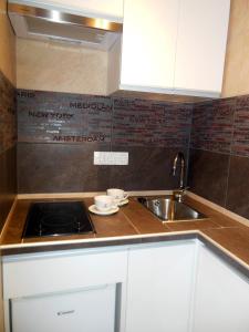 a kitchen with a sink and a counter top at Miniapartman Budapest in Budapest