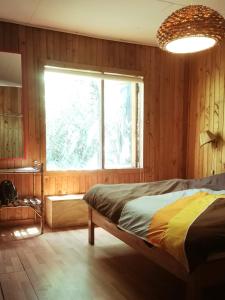 a bedroom with a bed and a large window at Casa del Estero in Pucón